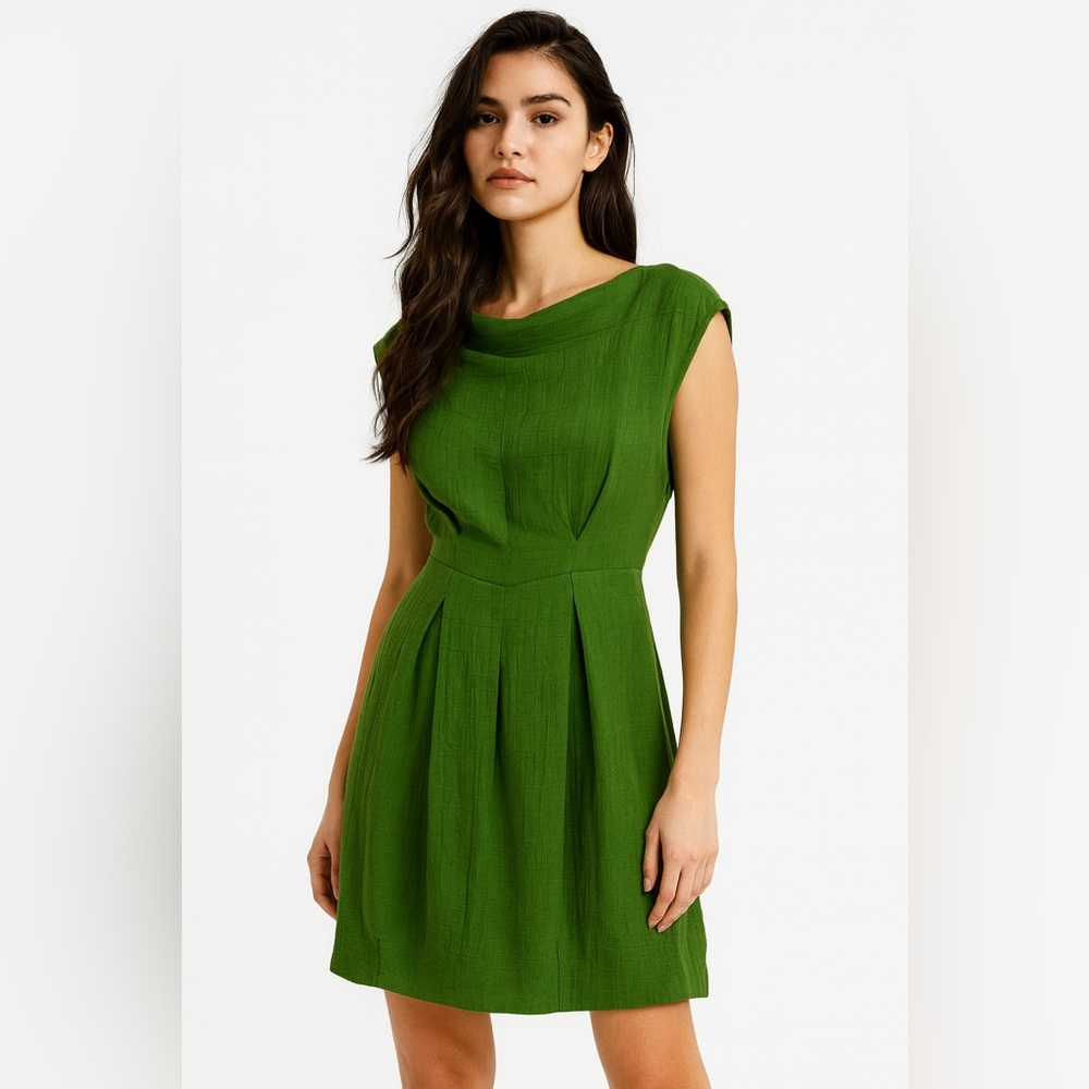 Eva Franco Olive Green Pleated Cap-Sleeve Mini Dress